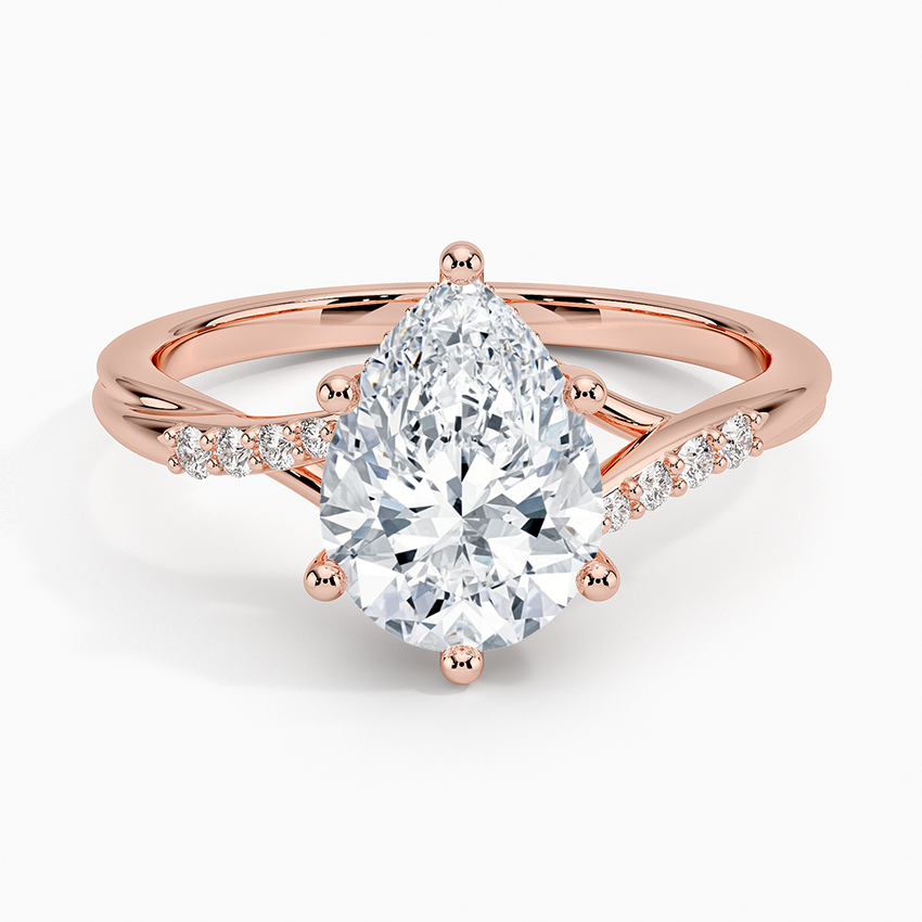 Pear Cut Diamond Engagement Ring, Twisted Split Shank Ring, Pave Band Solitaire Ring