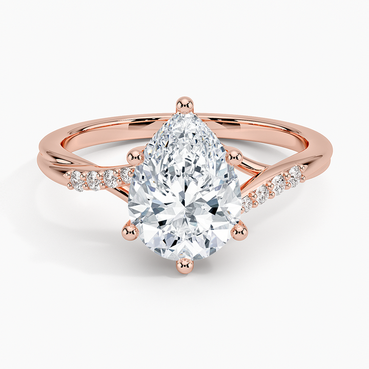 Pear Cut Diamond Engagement Ring, Twisted Split Shank Ring, Pave Band Solitaire Ring