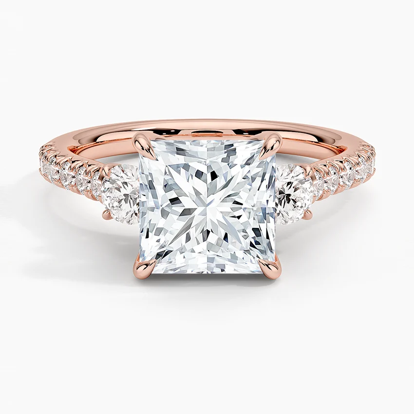 Princess Cut Diamond Engagement Ring, Three Stone Diamond Ring, Pave Band Engagement Ring