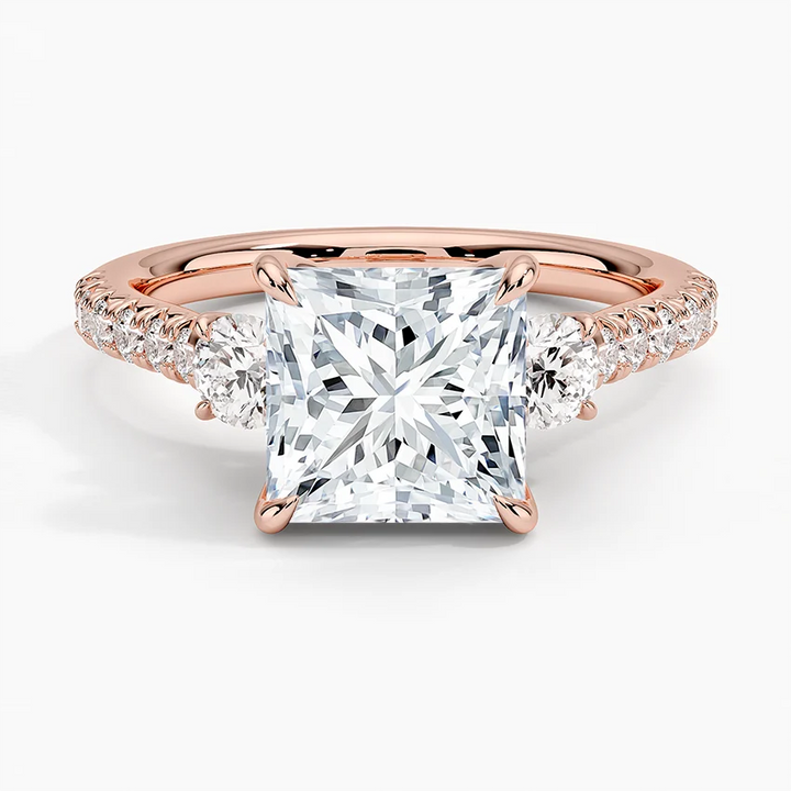 Princess Cut Diamond Engagement Ring, Three Stone Diamond Ring, Pave Band Engagement Ring