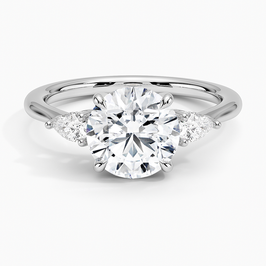 Round Cut Diamond Engagement Ring, Three Stone Pear Side Diamond Ring, Minimalist Solitaire Ring