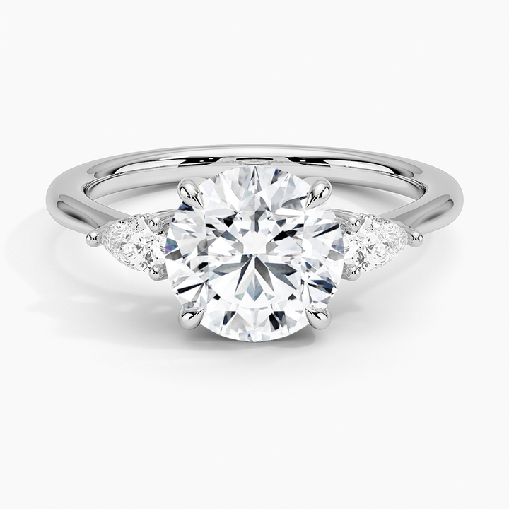 Round Cut Diamond Engagement Ring, Three Stone Pear Side Diamond Ring, Minimalist Solitaire Ring