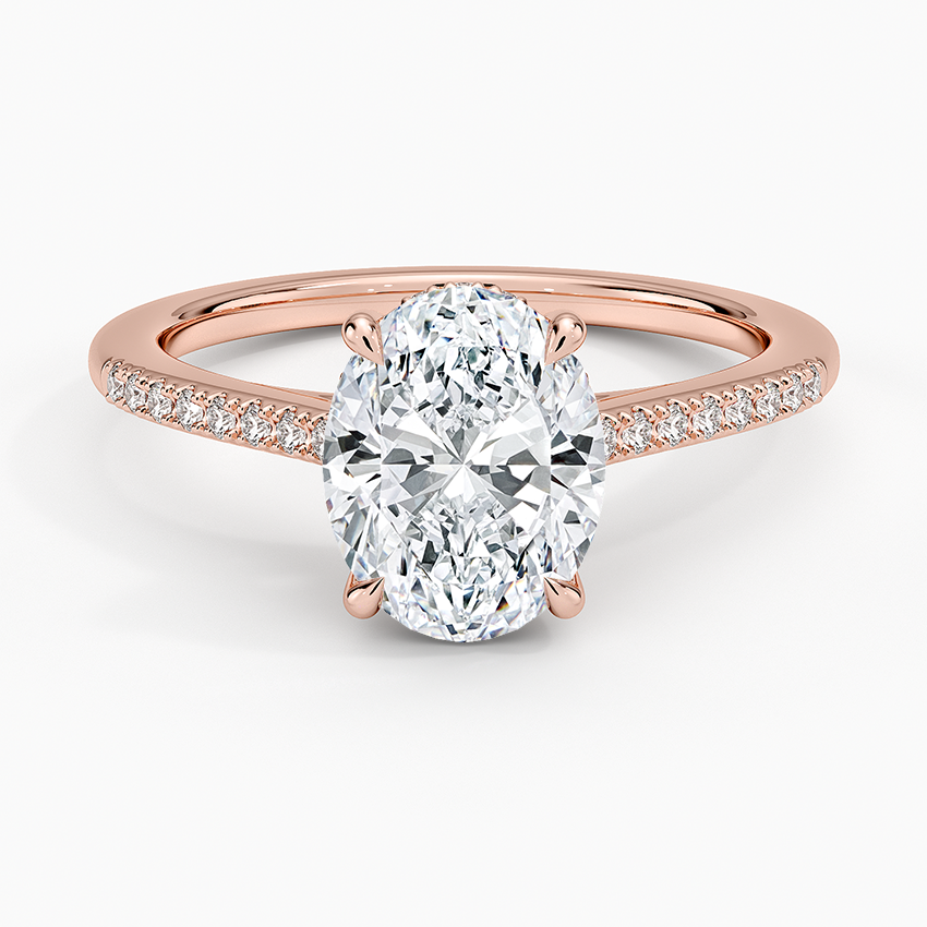 Oval Cut Diamond Engagement Ring, Pave Band Solitaire Ring, Minimalist Bridal Ring