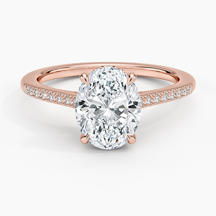 Oval Cut Diamond Engagement Ring, Pave Band Solitaire Ring, Minimalist Bridal Ring