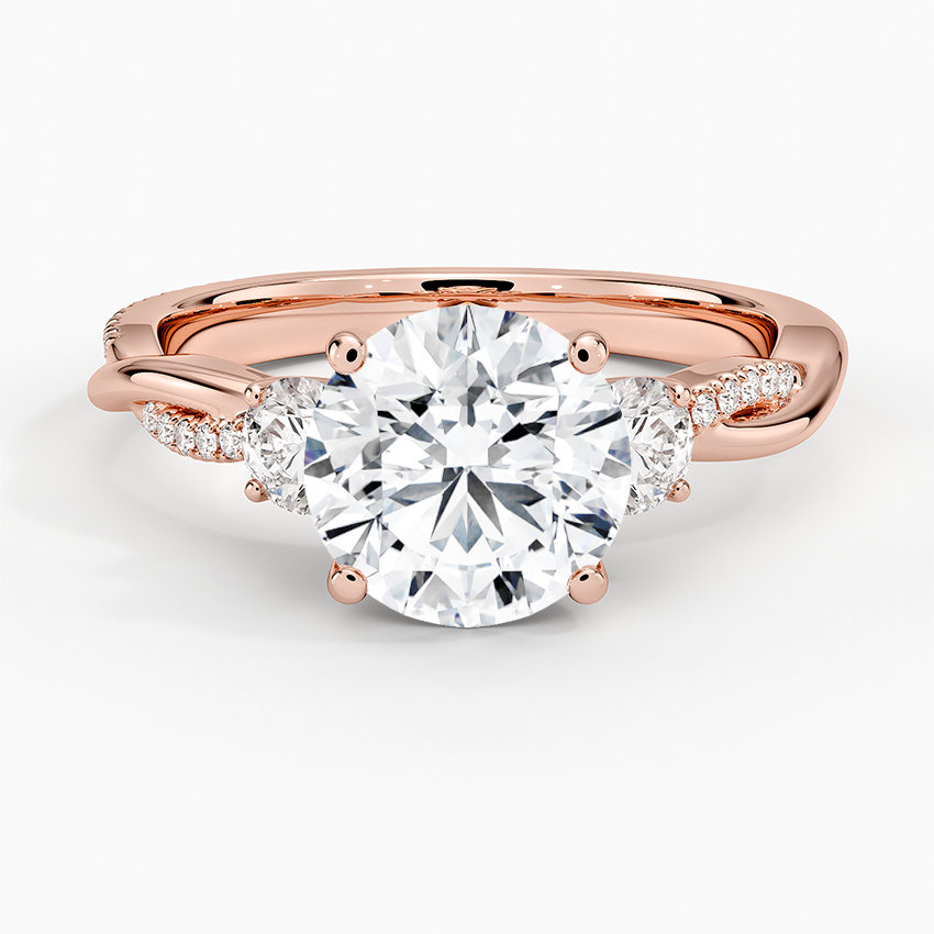 Round Cut Diamond Engagement Ring, Twisted Three Stone Ring, Pavé Band Promise Ring