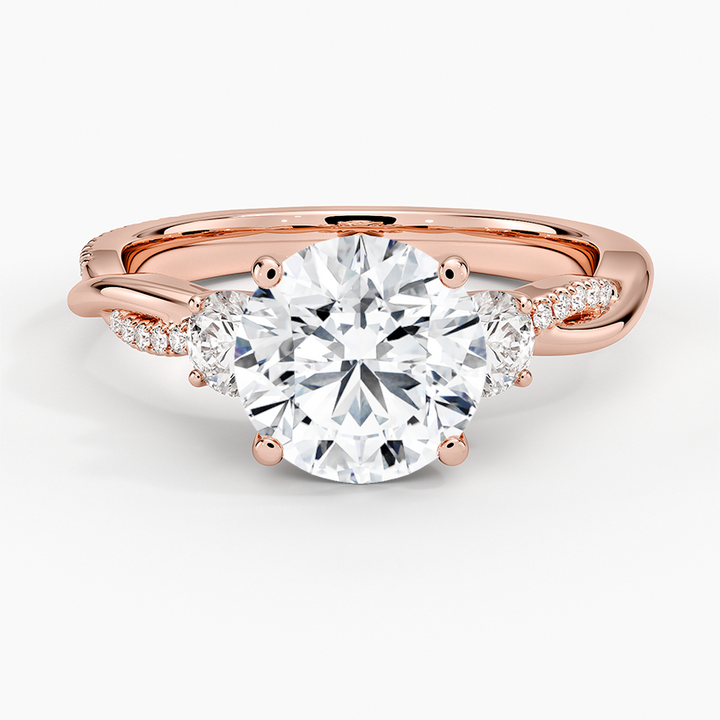 Round Cut Diamond Engagement Ring, Twisted Three Stone Ring, Pavé Band Promise Ring
