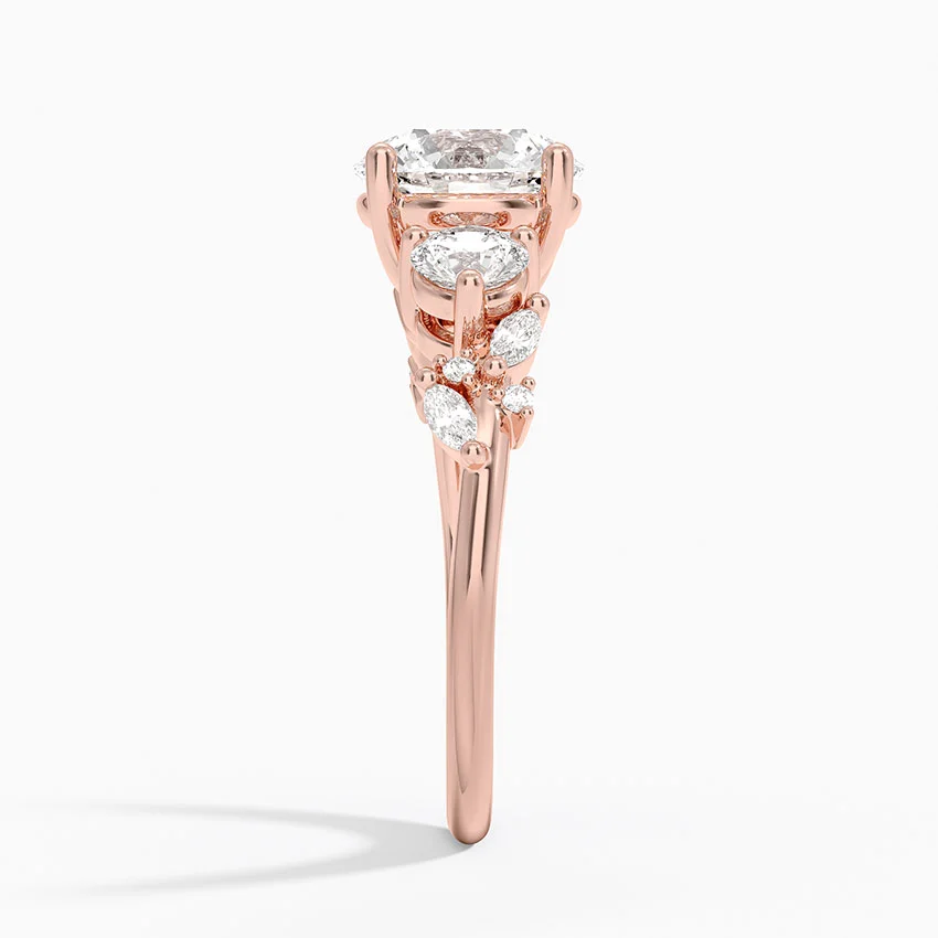 Round Cut Moissanite Engagement Ring with Marquise Side Stones, Solid Gold Promise Ring, l Diamond Ring