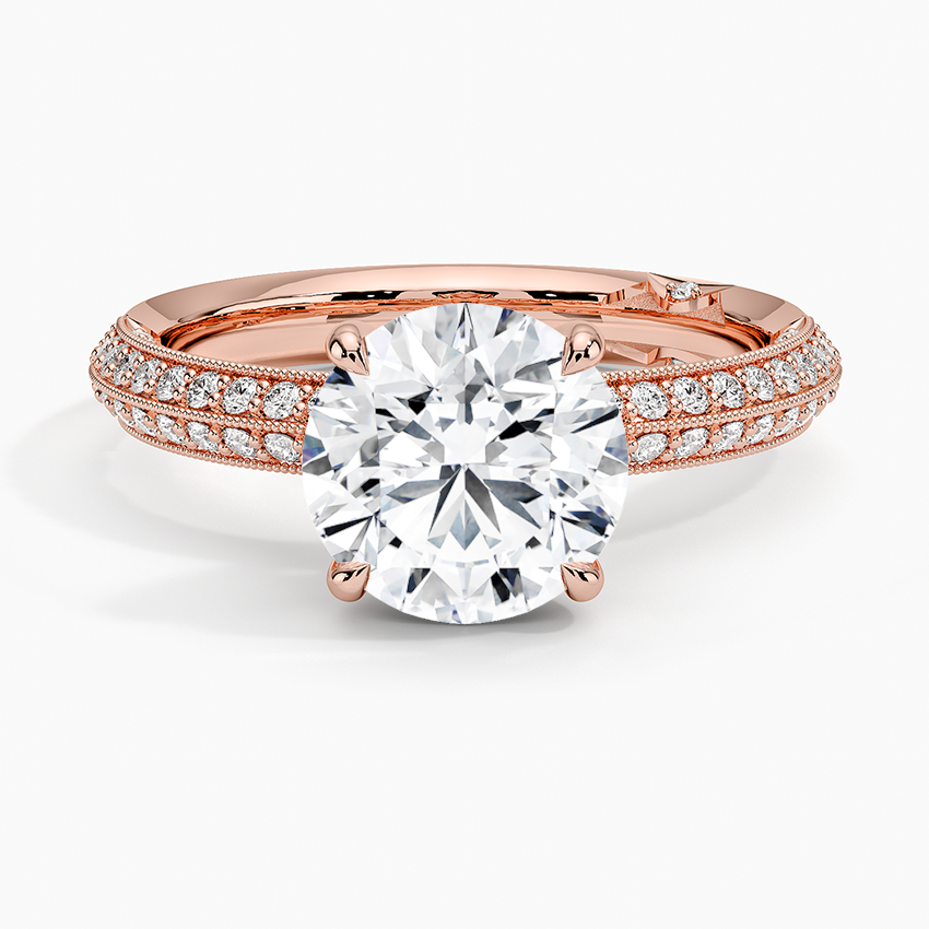 Round Cut Diamond Engagement Ring, Double Row Pave Band Ring, Promise Ring