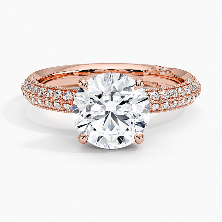 Round Cut Diamond Engagement Ring, Double Row Pave Band Ring, Promise Ring