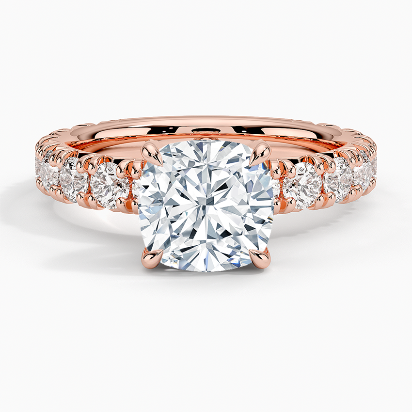 Cushion Cut Diamond Engagement Ring, Pave Diamond Band Ring, Solid Gold Promise Ring