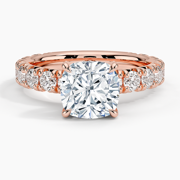 Cushion Cut Diamond Engagement Ring, Pave Diamond Band Ring, Solid Gold Promise Ring