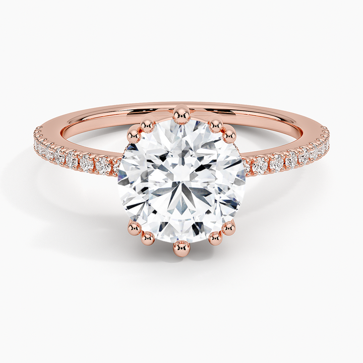 Round Cut Diamond Engagement Ring, Pavé Band Solitaire Ring, Minimalist Bridal Ring
