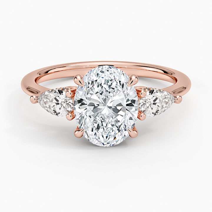 Oval Cut Diamond Engagement Ring, Three Stone Pear Side Diamond Ring
