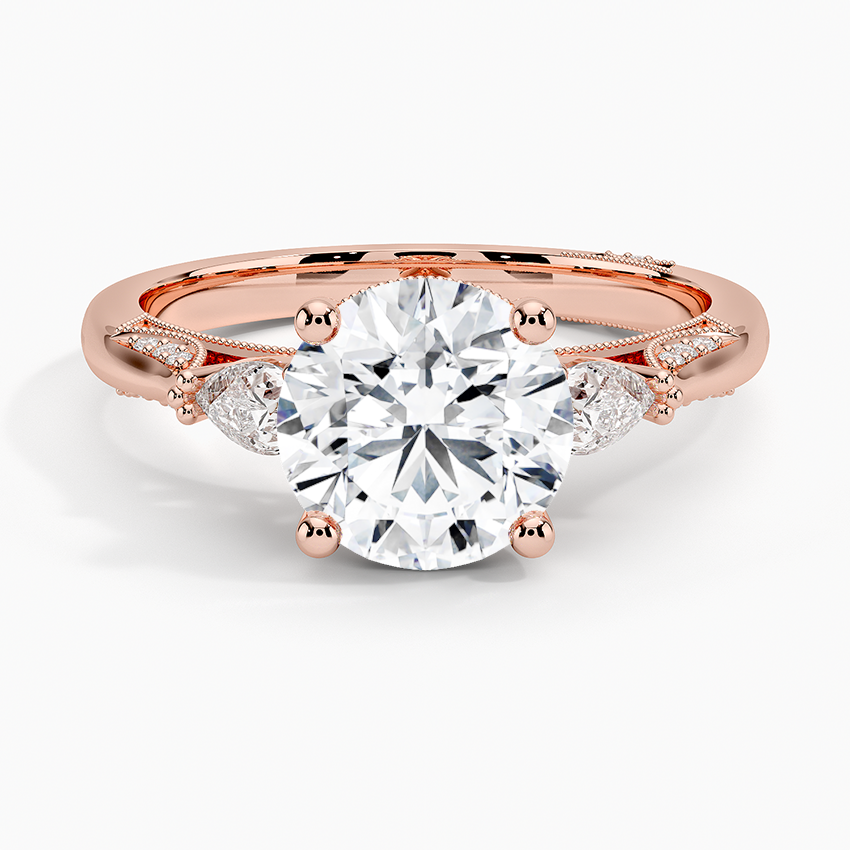 Round Brilliant Cut Diamond Engagement Ring with Pear Side Stones, plit Shank Milgrain Band
