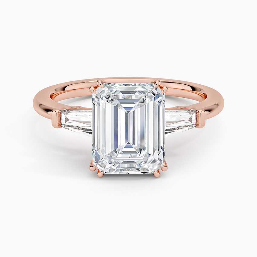 Emerald Cut Diamond Engagement Ring, Tapered Baguette Side Stones, Minimalist Three Stone Ring