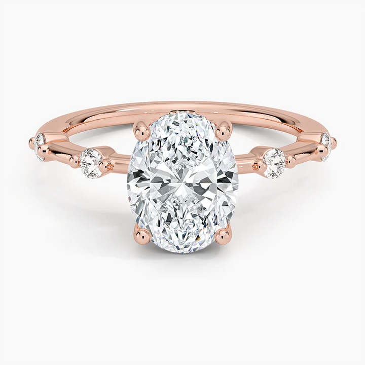 Oval Cut Moissanite Engagement Ring, Solitaire Diamond Ring with Side Stones, Minimalist Promise Ring