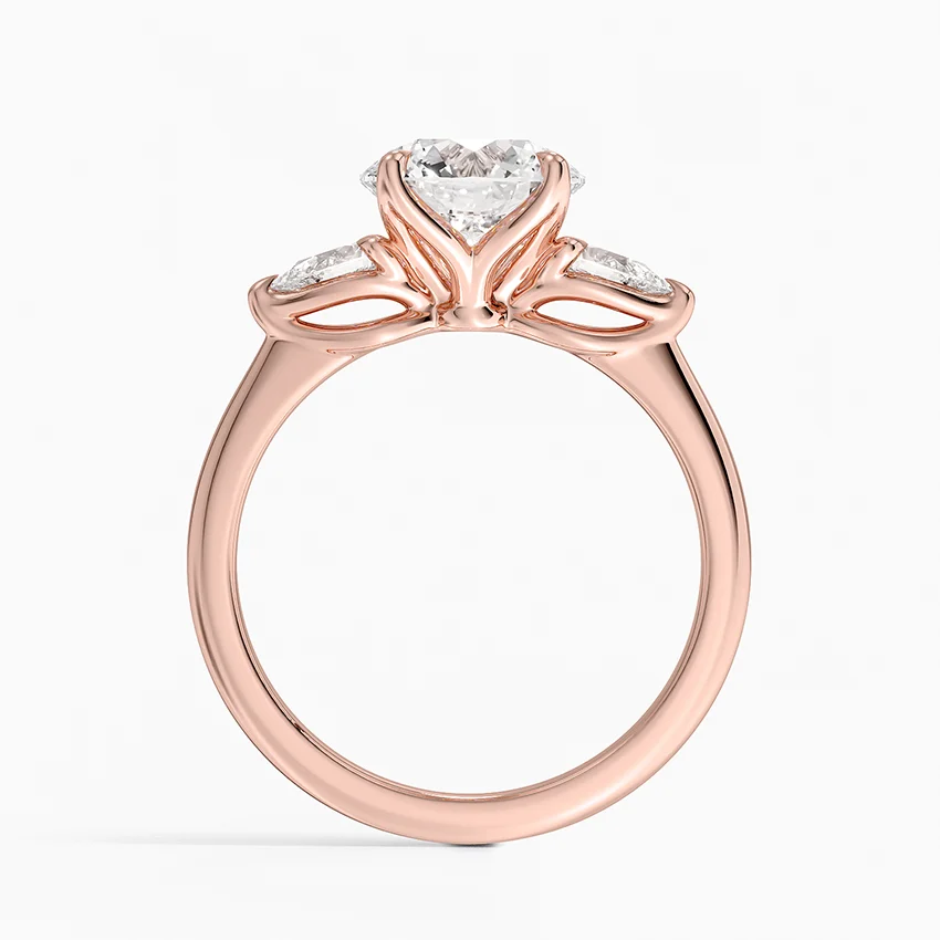 Round Cut Diamond Engagement Ring with Marquise Side Stones, Three Stone Bridal Ring
