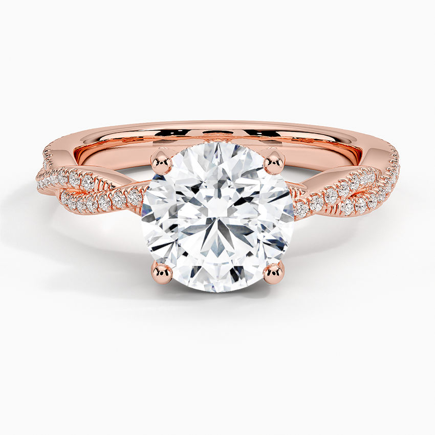 Twisted Pave Diamond Engagement Ring, Round Cut Solitaire Ring, Split Shank Gold Ring
