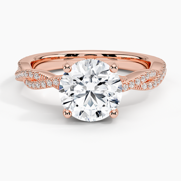 Twisted Pave Diamond Engagement Ring, Round Cut Solitaire Ring, Split Shank Gold Ring