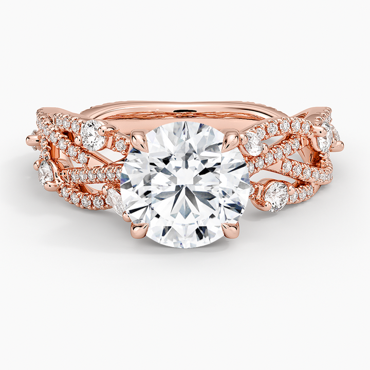 Vintage Inspired Round Cut Moissanite Engagement Ring, Twisted Vine Diamond Band, Floral Split Shank Ring