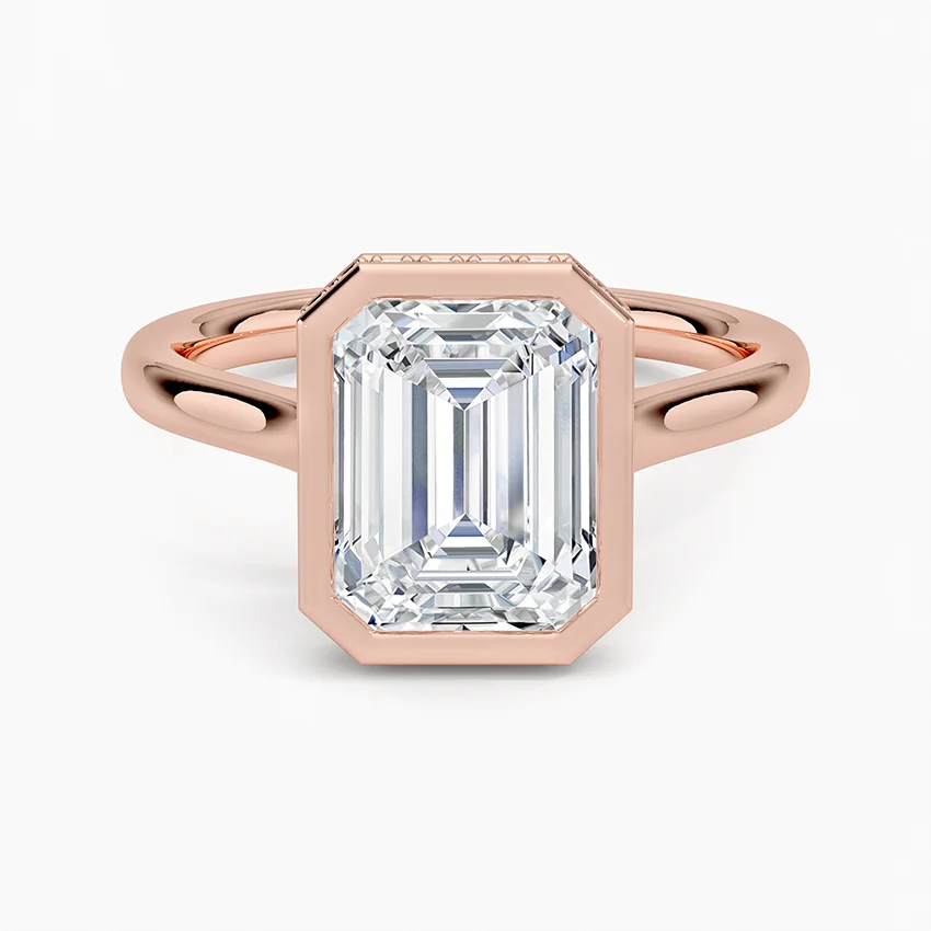 Emerald Cut Diamond Engagement Ring in Bezel Setting, Hidden Halo Split Shank Ring, Minimalist Luxury Ring