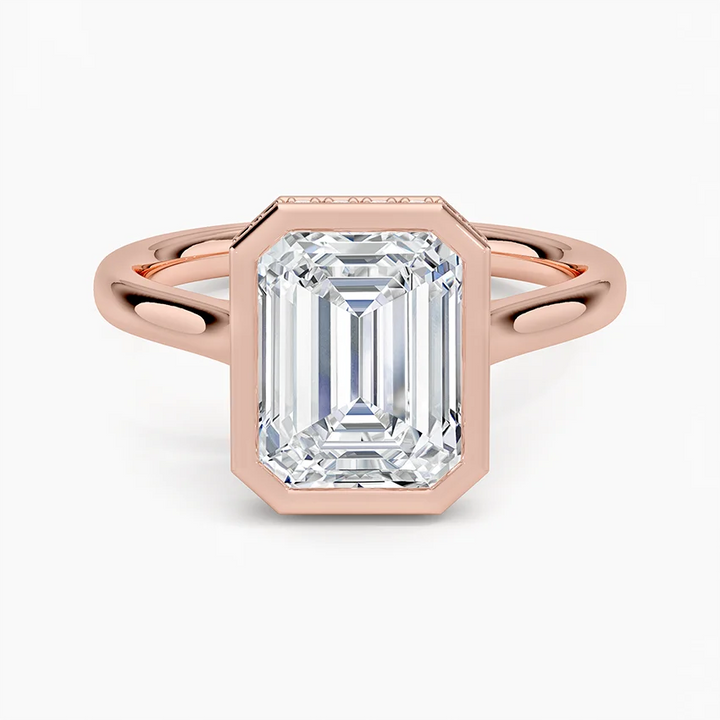 Emerald Cut Diamond Engagement Ring in Bezel Setting, Hidden Halo Split Shank Ring, Minimalist Luxury Ring