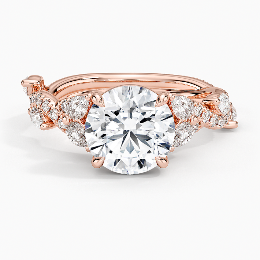 Round Cut Moissanite Engagement Ring, Twisted Pave Diamond Band, Vintage Inspired Bridal Ring