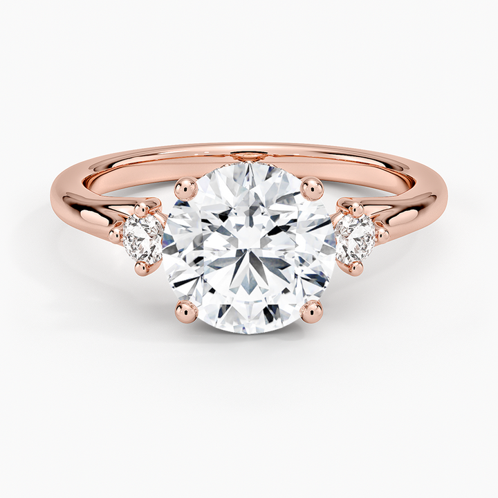 Round Cut Three Stone Diamond Engagement Ring, Classic Solitaire with Side Stones, Gold Bridal Ring