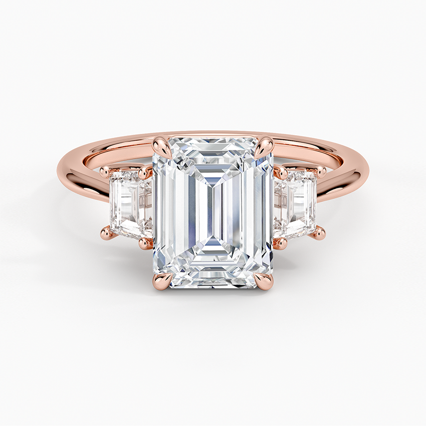 Emerald Cut Diamond Engagement Ring, Three Stone Diamond Ring, Emerald Cut Center with Side Baguettes