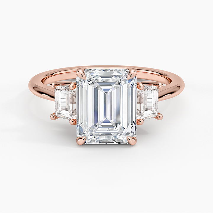 Emerald Cut Diamond Engagement Ring, Three Stone Diamond Ring, Emerald Cut Center with Side Baguettes