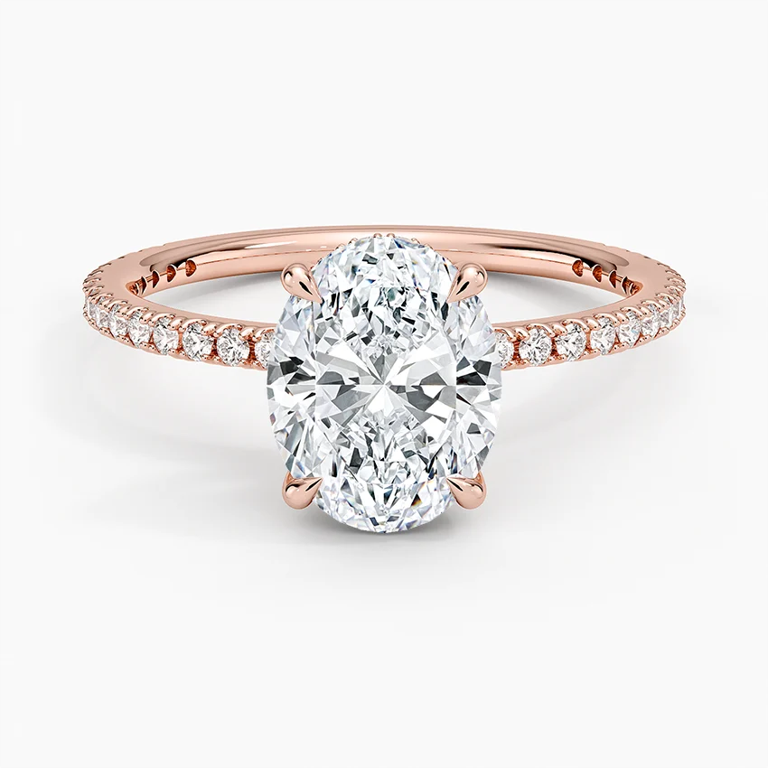 Oval Cut Diamond Engagement Ring, Hidden Halo Pavé Band Ring, Bridal Promise Ring