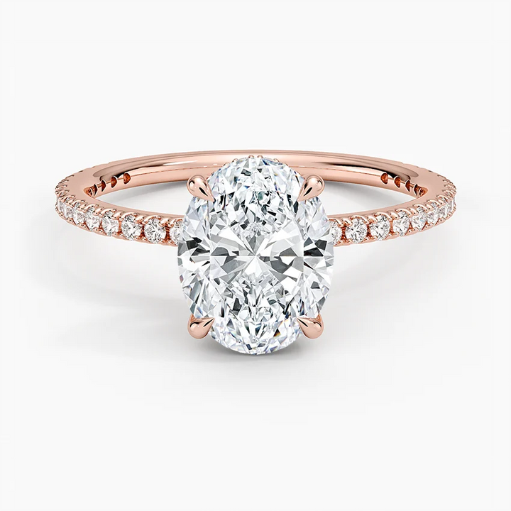 Oval Cut Diamond Engagement Ring, Hidden Halo Pavé Band Ring, Bridal Promise Ring