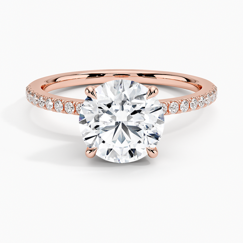Round Cut Solitaire Diamond Engagement Ring, Pave Band Ring, 4 Prong Classic Ring