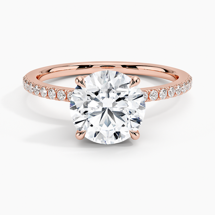 Round Cut Solitaire Diamond Engagement Ring, Pave Band Ring, 4 Prong Classic Ring