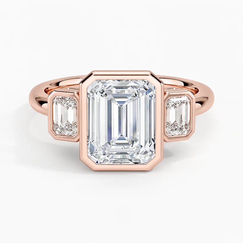 Emerald Cut Diamond Engagement Ring, Bezel Set Three Stone Ring, Step Cut Side Stones