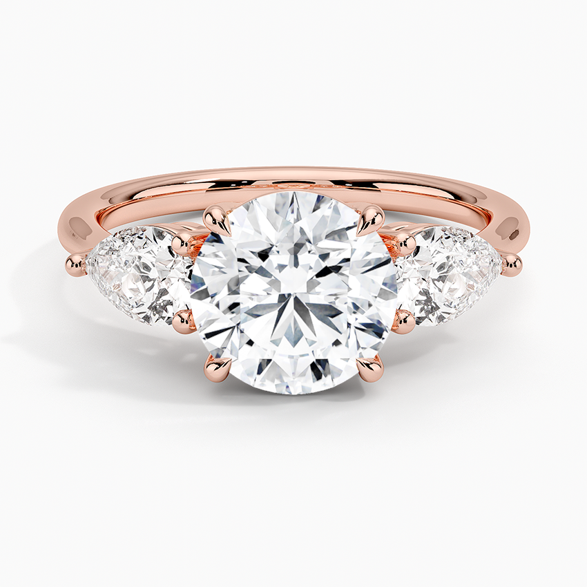 Round Cut Three Stone Diamond Engagement Ring, Marquise Side Stones Ring, Minimalist Bridal Ring