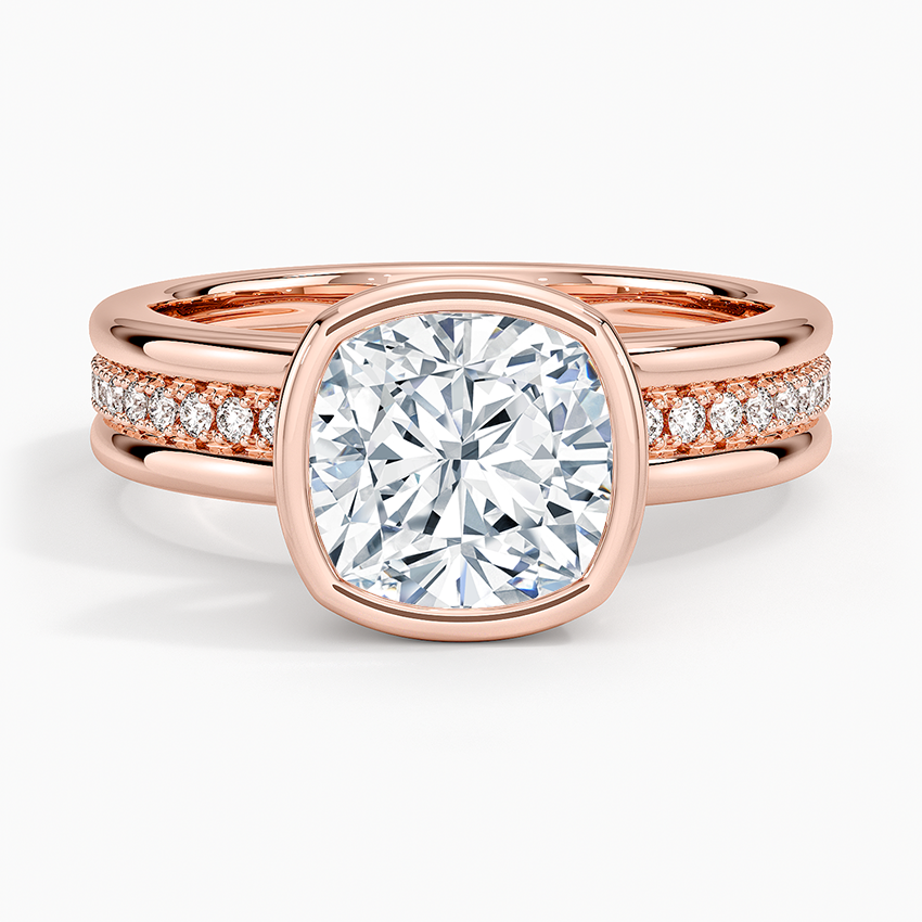 Cushion Cut Bezel Set Diamond Engagement Ring, Split Shank Pavé Band, Minimalist Luxury Solitaire Ring