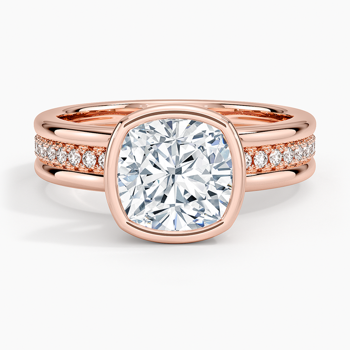 Cushion Cut Bezel Set Diamond Engagement Ring, Split Shank Pavé Band, Minimalist Luxury Solitaire Ring