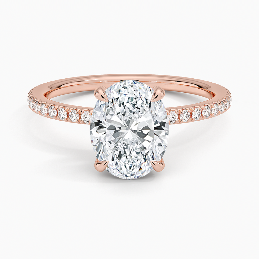 Oval Cut Diamond Engagement Ring, Hidden Halo Oval Ring, Pavé Band Ring