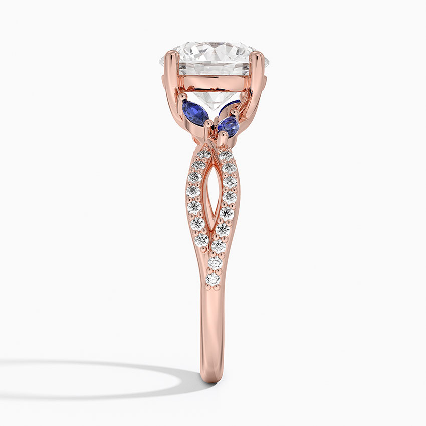 Blue Sapphire & Round Cut Moissanite Engagement Ring, Split Shank Diamond Ring, Vintage Floral Inspired Bridal Ring