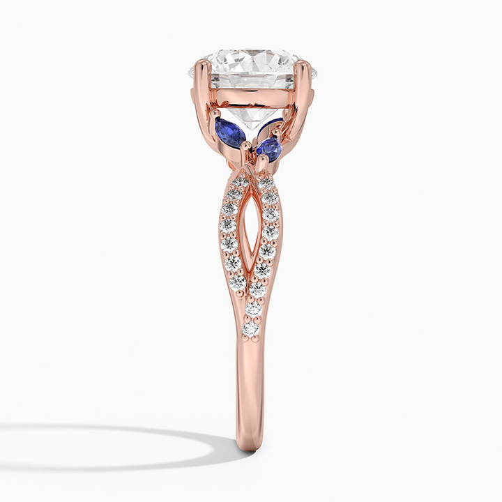 Blue Sapphire & Round Cut Moissanite Engagement Ring, Split Shank Diamond Ring, Vintage Floral Inspired Bridal Ring