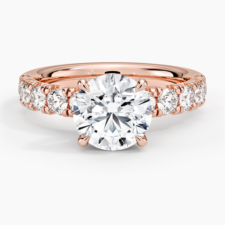 Round Cut Moissanite Engagement Ring, Diamond Pave Band Ring, Hidden Halo Style Bridal Ring