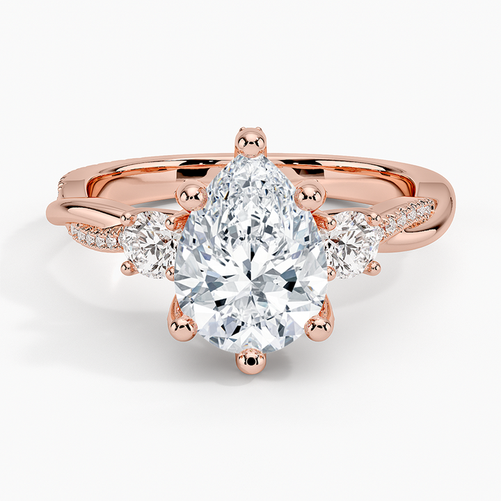 Pear Cut Diamond Engagement Ring, Three Stone Diamond Ring, Pavé Band Ring