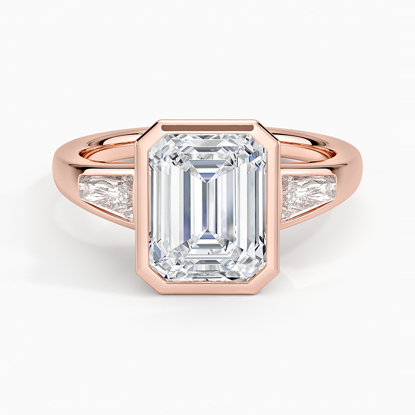 Emerald Cut Diamond Engagement Ring, Bezel Set Solitaire Ring, Tapered Side Stone Ring
