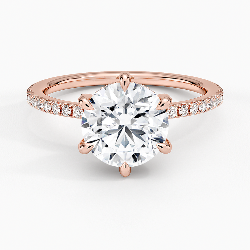 Round Cut Moissanite Engagement Ring, 6 Prong Solitaire Ring, Pave Diamond Band