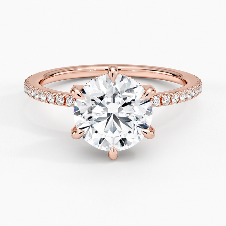 Round Cut Moissanite Engagement Ring, 6 Prong Solitaire Ring, Pave Diamond Band