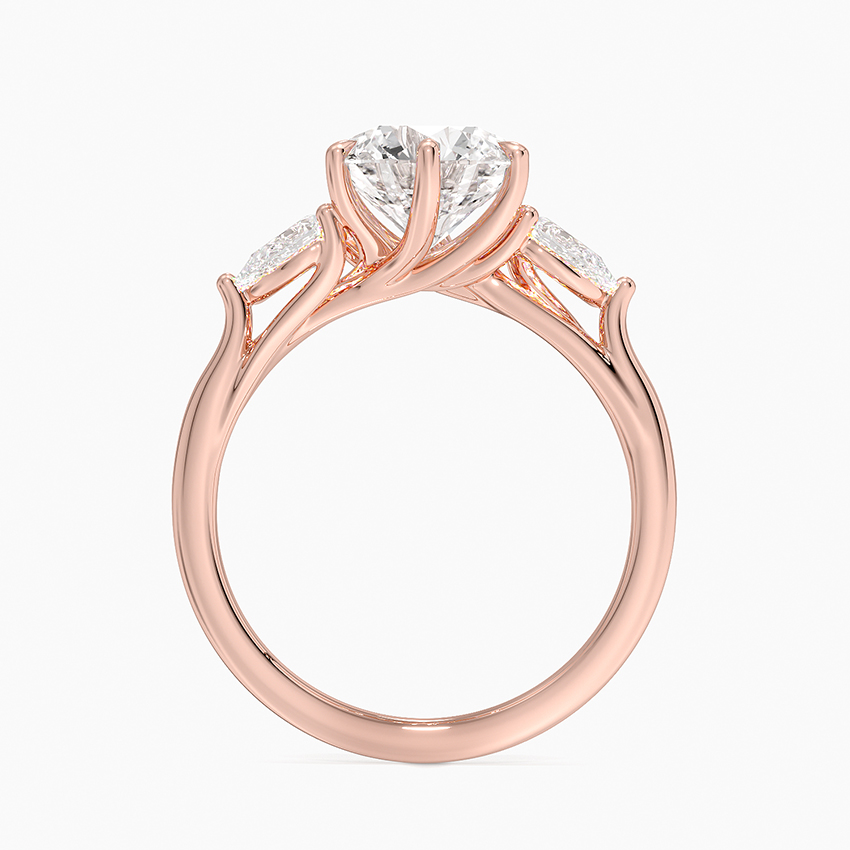 Round Cut Moissanite Engagement Ring with Pear Side Stones, 3 Stone Diamond Ring, Solid Gold Promise Ring
