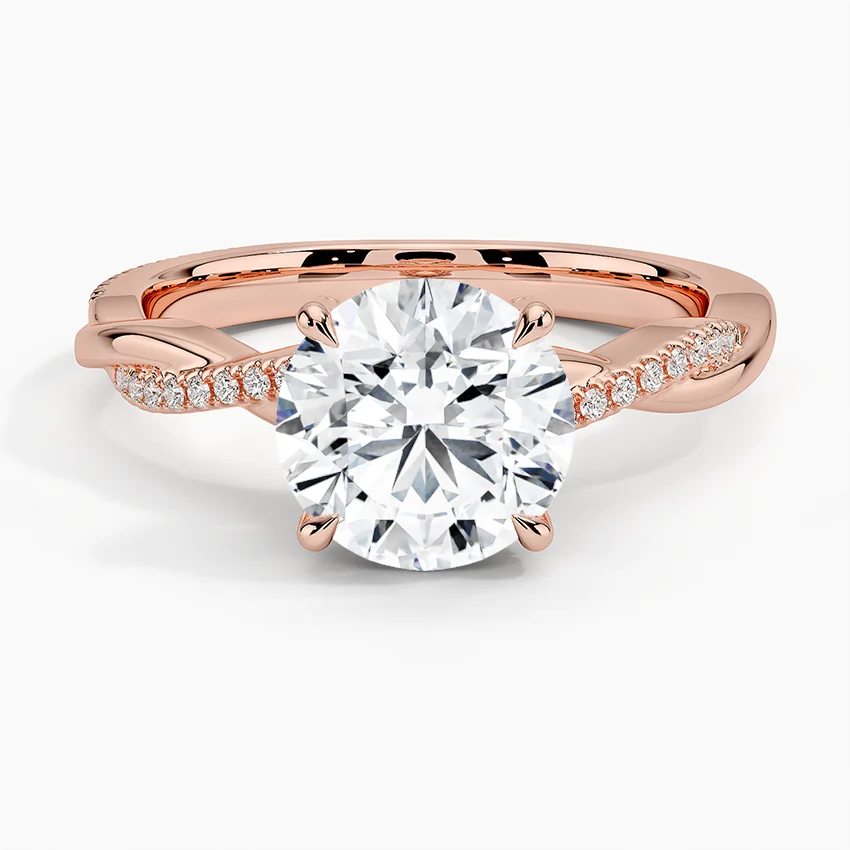 Twisted Band Round Cut Diamond Engagement Ring, Solitaire Diamond Ring, Pave Wedding Ring for Women