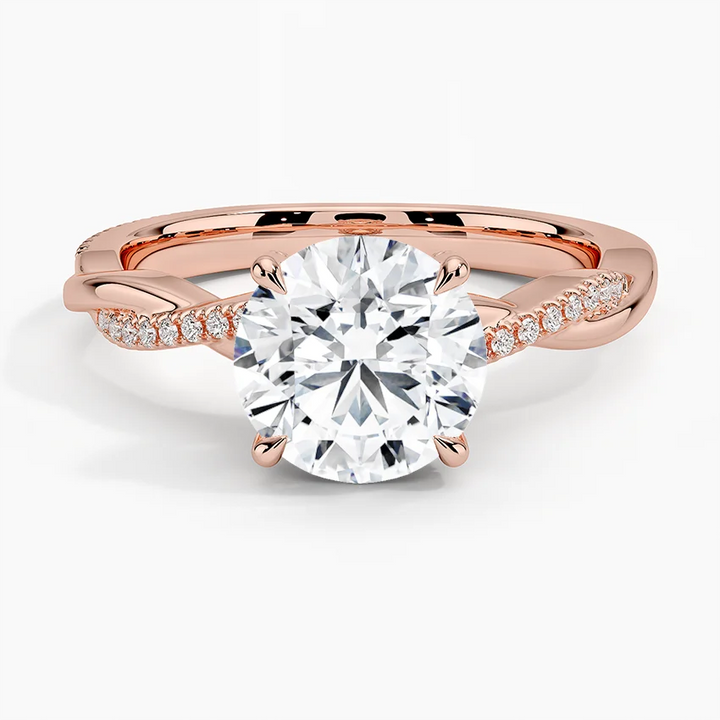 Twisted Band Round Cut Diamond Engagement Ring, Solitaire Diamond Ring, Pave Wedding Ring for Women