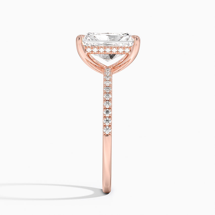Radiant Cut Diamond Engagement Ring, Hidden Halo Pavé Band Ring, Thin Gold Solitaire Ring
